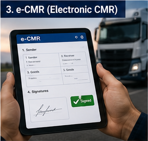 Chauffeur utilisant un document e-CMR numérique sur tablette pendant un transport logistique
