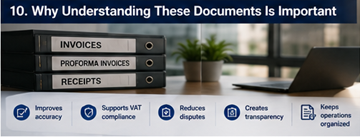 Documents commerciaux organisés incluant facture, reçu et documents de transport dans un bureau logistique